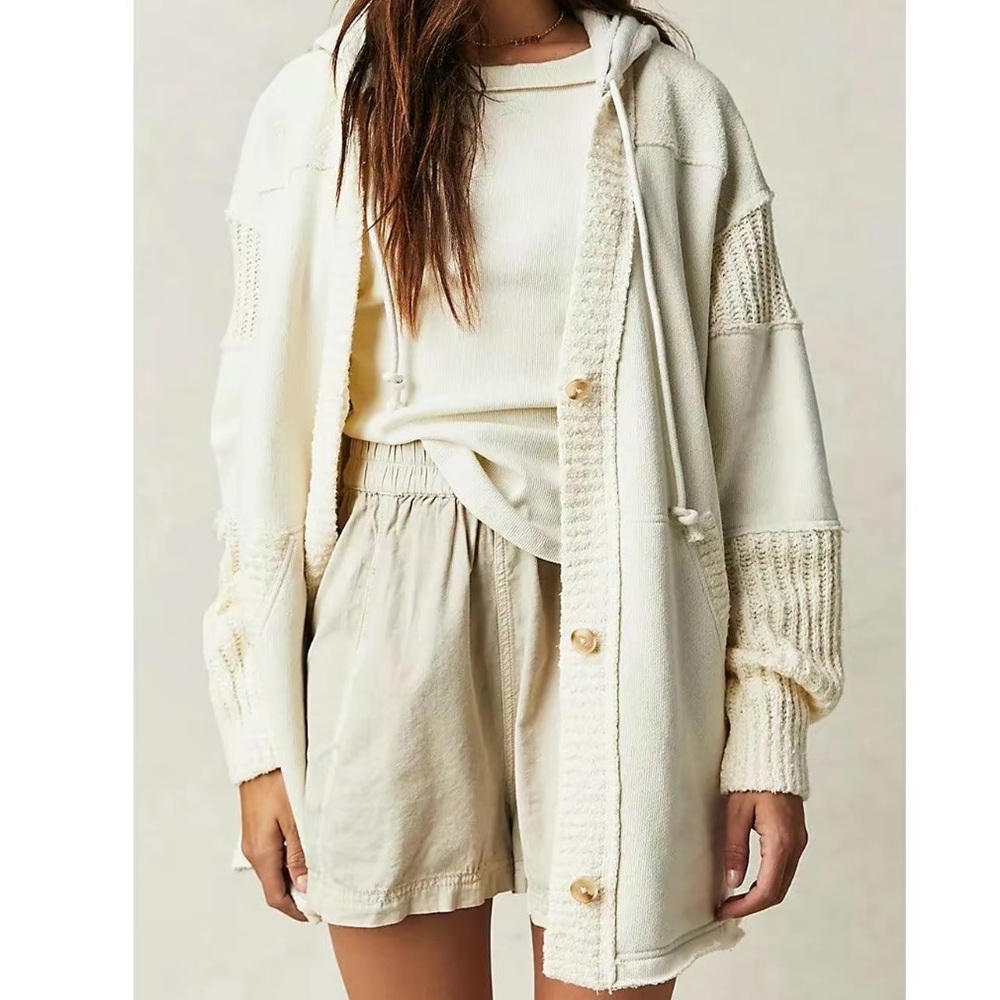Beige Knit Cardigan Hoodie Sweater
